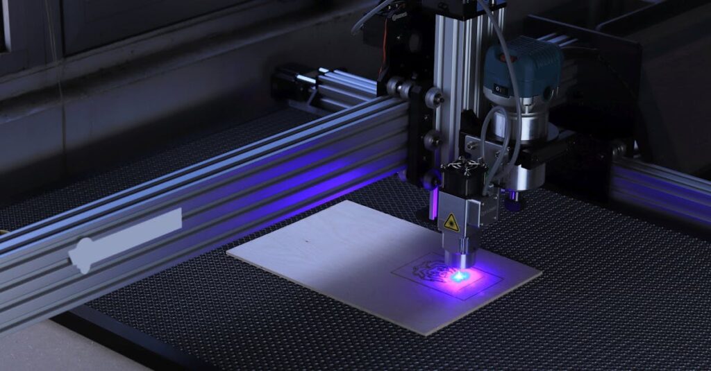 Close-up of a CNC laser engraving machine processing a wooden piece.